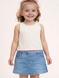 Conjunto de Falda y Top de Tirantes Acanalado Estilo Denim Lavado para Niños con Lazo, Unisex, Ropa Casual de Verano para Niños, Color Sólido - Product Image 1