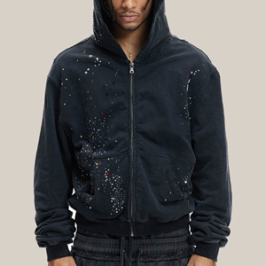 Sudadera con capucha y cremallera doble desgastada con diamantes de imitación, ropa de calle, calidad superior, cómoda y elegante, a precio de fábrica - Product Image 1