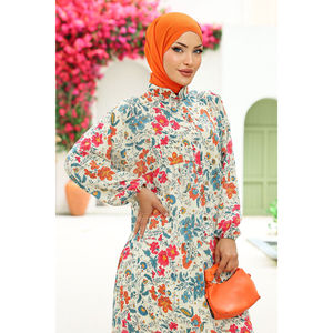Robe Hijab Rose en Mousseline de Soie de Haute Qualité, Imprimé Floral Semi-Boutonné, Taille Empire, Simple, Élégante et Modeste, Idéale pour les Fêtes, en Soie - Product Image 2
