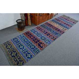Alfombra Turca, Alfombra de Pasillo de 2.8x10.7 pies, Alfombra Vintage Azul de Lana del Suroeste - Product Image 1
