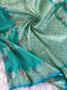 New Designer Traditional Benarasi Mushro <b>Satin</b> Silk Sarees Zari Weaving <b>Blouse</b> Teal Color Jacquard Trending Collection for - Product Image 4