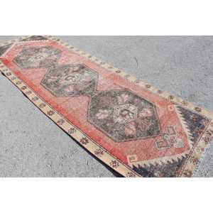 Alfombra Vintage, Alfombra Turca de 3.8x11.4 pies, Alfombra de Lana Abstracta Roja Marrón - Product Image 4