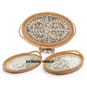Ensemble de trois plateaux en rotin nacré de belle qualité plateau design fait à la main classique élégant plateau en rotin en gros - Product Image 2