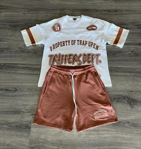 Camiseta de 2 piezas y conjunto corto de dos tonos de verano para hombre, conjunto de 2 piezas de algodón 100%, camiseta de gran tamaño con cordón en la cintura - Product Image 4