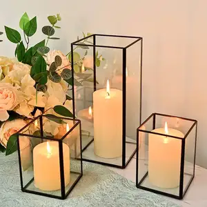 Decorated Candle Lantern Clear Crystal Glass Black Brass Frame Tea Light Candle Holder Square Glass Display Box Votive Decorate