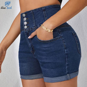Custom Women High Waist Denim Shorts Button Fly Casual Summer Breathable <b>Washed</b> Hot Quick Dry Wholesale Custom Logo Print - Product Image 5