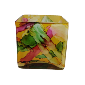 Green and Yellow Shaded Marbleized Fancy Glass High Quality Handmade Decorative Multi purpose <b>Small</b> <b>Candle</b> Square Textured Jar - Product Image 2