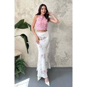 Off-<b>white</b> satin soft floral <b>skirt</b> - Ecru - Product Image 2