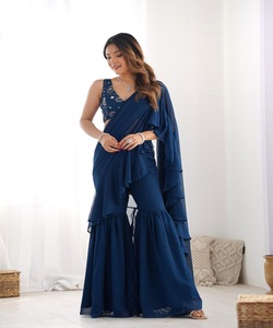 DERNIÈRE GEORGETTE FANTAISIE TRAVAIL À VOLANTS SHARARARA KURTI CHEMISIER COUCHÉ VÊTEMENTS DE RÉCEPTION PRIX DE GROS COTON MULTI COULEUR ETHNIQUE - Product Image 6