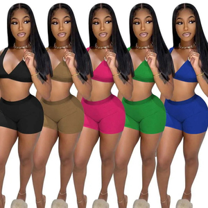 Femmes décontracté été solide deux pièces tenue ensemble Sexy haut court et short séchage rapide Spandex/coton pour porter en gros - Product Image 1