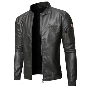 Chaqueta de cuero de motocicleta de invierno para hombre, abrigo relleno de algodón con textura lavada a la moda con cuello levantado, cremallera transpirable personalizable - Product Image 6