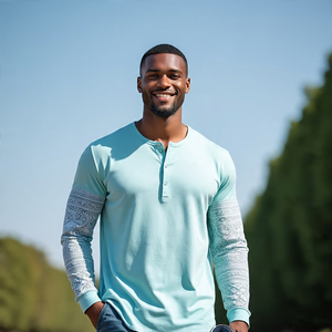 High Quality 100% Cotton <b>Men's</b> Full Sleeve Henley T-<b>Shirt</b> Custom Logo Printed Casual <b>Shirt</b> in 6XL Size - Product Image 2