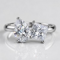 Bague Moissanite Toi et Moi, taille poire, taille princesse, deux pierres, en argent sterling S925, bijoux de fiançailles pour femme