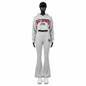 Ensemble de survêtement pour femme, texture gaufrée de luxe, mélange de coton 270 GSM, gris, sweat à capuche court, bas évasé, logo brodé, survêtement grande taille - Product Image 1