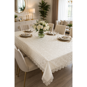 Nappe 100% coton écru avec bords en dentelle, textile de maison écologique - Product Image 1