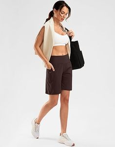 Pantalones cortos atléticos de cintura alta de 9 pulgadas para mujer, diseño de Bermudas hasta la rodilla, bolsillos con cremallera, transpirables, para gimnasio, Fitness, correr, uso diario - Product Image 5