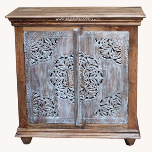 Buffet de rangement traditionnel antique en bois massif sculpté à la main à 2 portes pour salle à manger et cuisine, d'origine indienne - Product Image 6