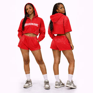 Conjunto de Sudadera Corta y Pantalones Cortos Rojos para Mujer, Venta al Por Mayor 2026, Ropa Deportiva de Dos Piezas con Capucha en Contraste Gris - Product Image 4
