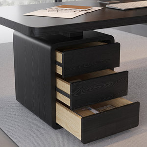 Bureau d'écriture moderne en forme de L avec 3 tiroirs, structure en bois massif et en fer, bureau d'ordinateur rectangulaire noir - Product Image 2