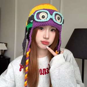 Chapeau Aviateur en Coton Tricoté Fait Main au Crochet 2025 – Mignon, Amusant, Unisexe, Décontracté, Protection des Oreilles, Chaud Hiver, Coupe-Vent avec Sangle et Pompon - Product Image 2