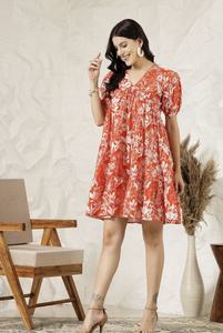 Vestido Tropical con Estampado, Corte Evase, Cuello en V, Manga Corta Abullonada, Fruncido o Plisado, Mini Vestido Evase de Algodón - Product Image 3