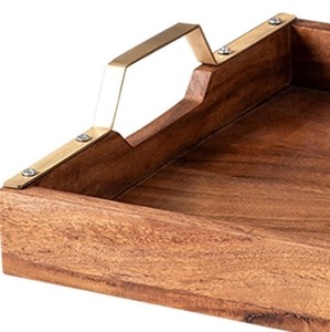 Plateau de service rectangulaire en bois avec poignées en laiton doré, plateau ottoman décoratif en bois pour la cuisine, les aliments, les boissons, les collations - Product Image 3