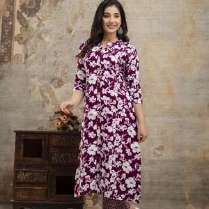 2024 vente chaude a-ligne vêtements ethniques-deux pièces rayonne Kurti pantalon ensemble bouton avant poche pour tenue décontractée - Product Image 1