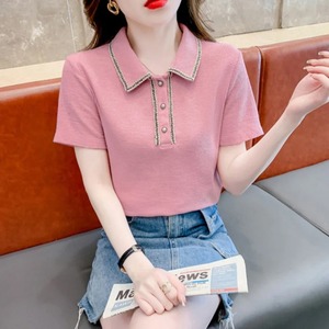 Ropa de manga corta para mujer, camiseta de verano, Polo transpirable, nuevo cuello vuelto, hermoso botón, Patchwork, Tops cortos de moda - Product Image 4