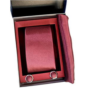 Burgundy Self-Striped Satin Woven Tie Set with Pocket Square and <b>Cufflinks</b> Gift PU Leather <b>Box</b> Included - Product Image 3