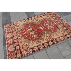Alfombra Clásica de Lana Roja y Beige con Diseño de Patchwork, 4.3 x 6.3 pies, Estilo Kilim, Alfombra Rectangular Turca de Gran Tamaño, Respetuosa con el Medio Ambiente, con Base de Látex, para Pasillo - Product Image 2