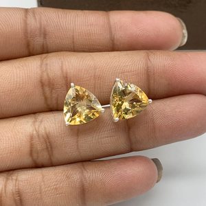 Golden Citrine Trillion Stud Earrings Gold Plated Cute Sterling Silver Handmade Jewelry November Birthstone Party Gift Wholesale - Product Image 4