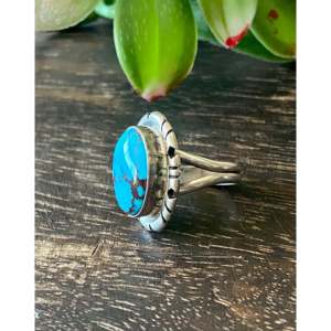 Peggy Skeets Handmade <b>Statement</b> <b>Ring</b> in Turquoise & Sterling <b>Silver</b> Bezel Set Pear Shape Size 4.5 Everyday Wear - Product Image 4