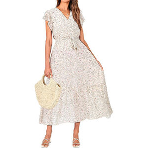 ชุดเดรสยาวสีขาวสำหรับผู้หญิง, ชุดเดรสแขนกุดมีสายคาดเอวทรงเอแต่งชายกระโปรงลายดอกไม้สไตล์โบฮีเมียนฤดูร้อน - Product Image 6