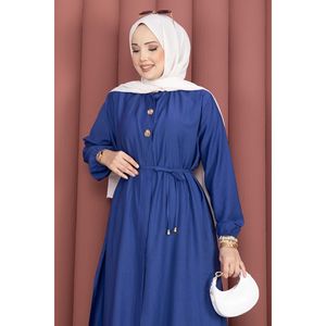Conjunto de Túnica Larga Azul Marino de Crepé con Cuello Mao con Cordones, Estilo Casual - Product Image 2