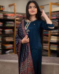 LAUNCHING NEW MODERN CHANDERI SILK WEAR <b>KURTI</b> with PANT & DUPATTA for PARTY QUICK DRY - Product Image 2