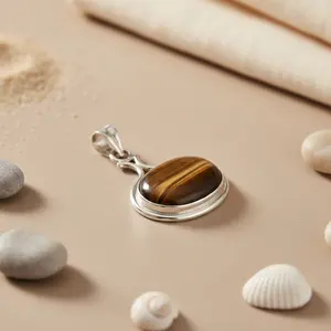 Pendentif en argent 925 avec œil de tigre et plaqué or, bijoux en pierres précieuses pour femmes, breloques en acier inoxydable - Product Image 2