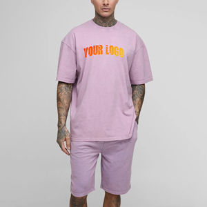 Nouveau arrivé 2025 100% coton hommes ensemble court personnalisé DTF imprimé logo couleur unie streetwear 2 pièces hip hop survêtement pour hommes - Product Image 1