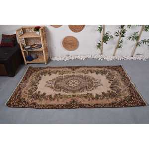 3.8x6.7 ft Vintage Rug, <b>Brown</b> Check Turkish Rug <b>Wool</b> - Product Image 2