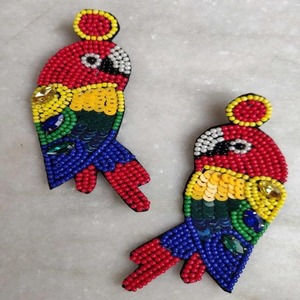 American Seed <b>Beads</b> Embroidery Stud Earrings White Native Colors Beaded <b>Fringe</b> Design Handmade India Cross-Stitching Needlework - Product Image 4