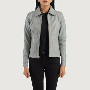 Chaqueta de Moto de cuero gris genuino para mujer, chaqueta de cuero ajustada de piel de oveja de calidad superior con Cuello clásico y cremallera frontal - Product Image 1