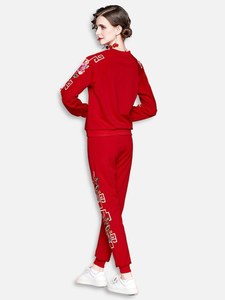 Nouveau rouge imprimé manches nouveauté dames survêtements haut court fendu et pantalon survêtement vêtements de travail moulante fête Club survêtement - Product Image 4