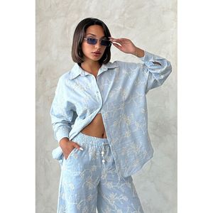 Blusa Bordada 100% Algodón para Mujer TOPSHOW, Camisa Casual de Manga Larga con Cuello Camisero, Azul Saxony, Tallas S-L - Product Image 5