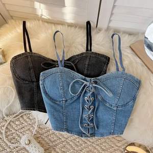 Camisoles en jean délavé 100% coton pour femmes avec décoration en dentelle avant et arrière motif solide qualité d'exportation et réglable - Product Image 4