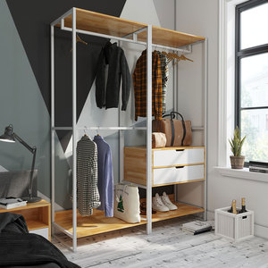 SFKQA005-3 Étagère de rangement double à 3 niveaux en acier inoxydable avec 2 tiroirs (170x55x200cm) – Portant à vêtements sur pied en métal - Product Image 2