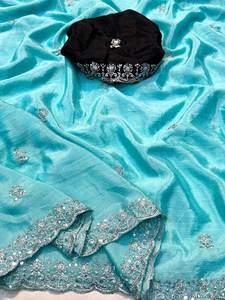 Suave Chinon Multi bordado secuencia trabajo cena fiesta y función desgaste hermoso Color corte borde largo longitud Sari de moda - Product Image 5