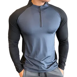Herren langärmeliges Polyester-T-Shirt schnell trocknend Fitness-Laufhemd mit elastischem Reißverschluss-Halsband für Bodybuilding-Training