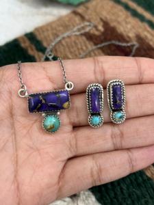 Fait à la main solide 925 en argent Sterling naturel violet Dahilia Turquoise facettes coupe pierres précieuses lunette réglage collier boucle d'oreille ensemble - Product Image 2