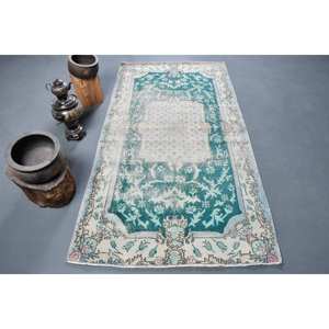 พรมเตอร์ตุรกี7.2ft วินเทจแบบดั้งเดิมสีเขียวเย็บปะติดปะต่อกันสีขาวแผ่นเรียบลาเท็กซ์ขนสัตว์สำหรับตกแต่งห้องนั่งเล่นวัยรุ่น - Product Image 1