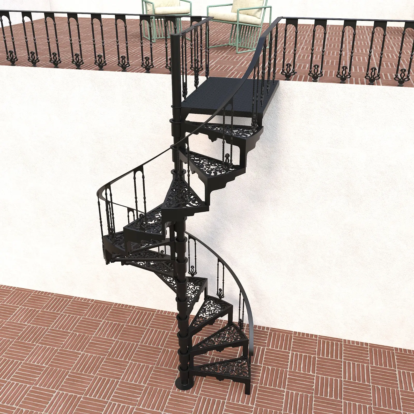 Black spiral staircase is crafted for both indoor and outdoor use Its ornate railing design adds a touch of elegance