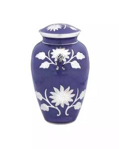 Urnas de cremación de aluminio personalizadas en negro, urnas conmemorativas con estampado de flores, urnas para adultos de Color azul de forma redonda para uso funerario - Product Image 6